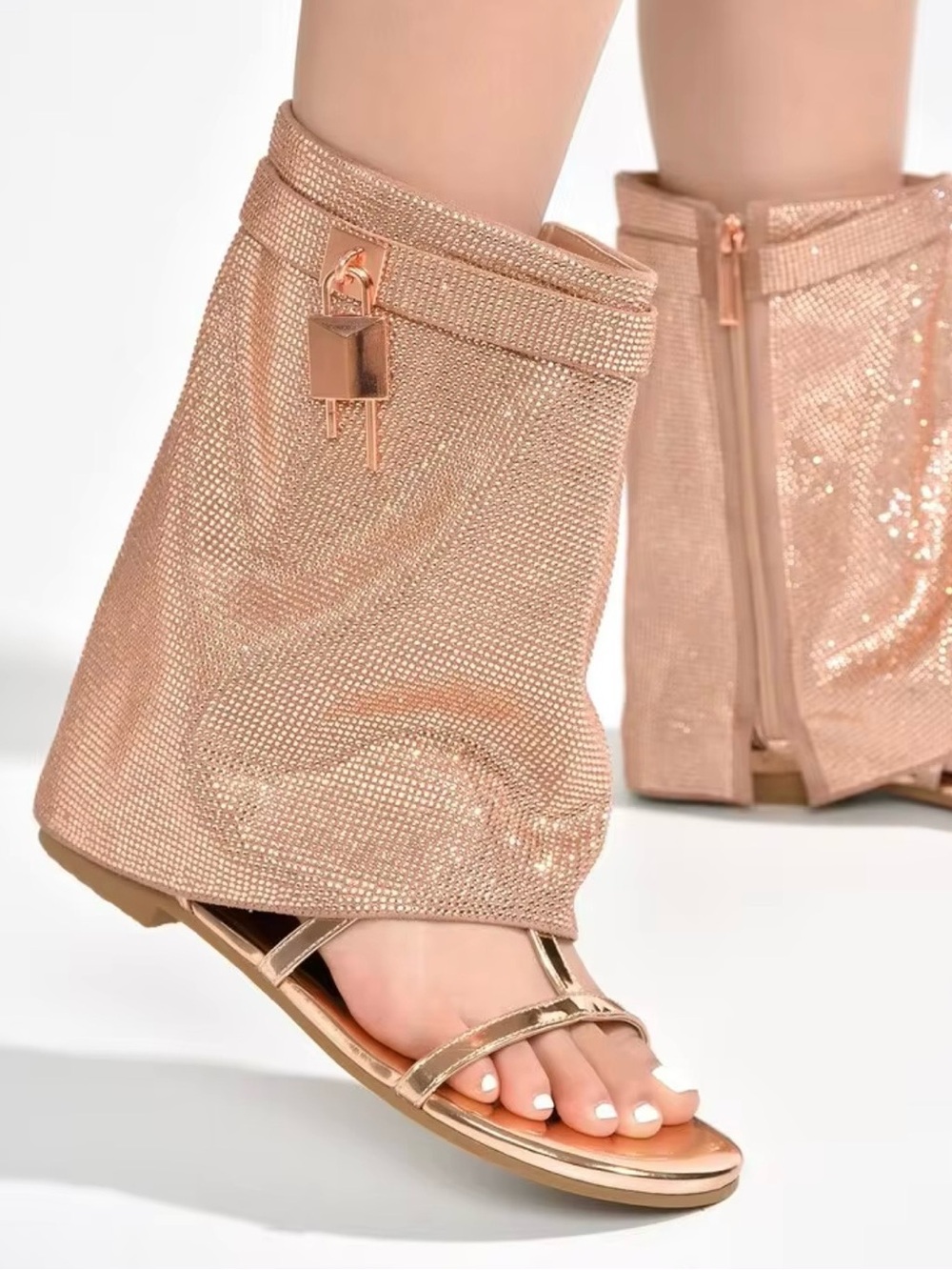 NWT Cape Robbin Rose Gold Rhinestone Ankle Cuff Flat Sandals